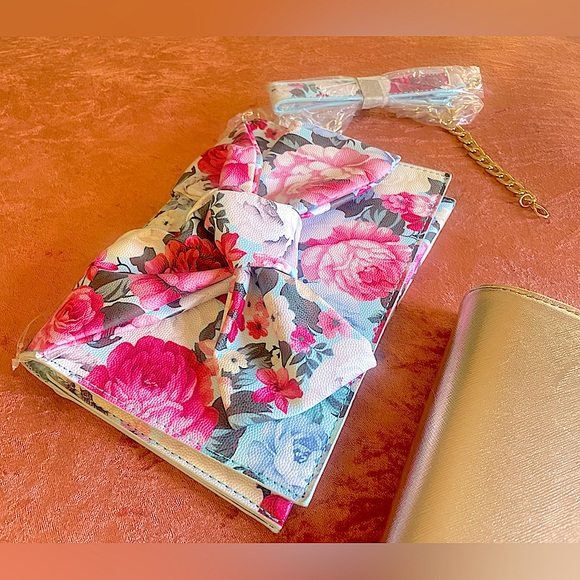 Pink & Blue Floral Bow Chain Strap Fold Over Medium Clutch Cross Body Bag - Picture 2 of 12
